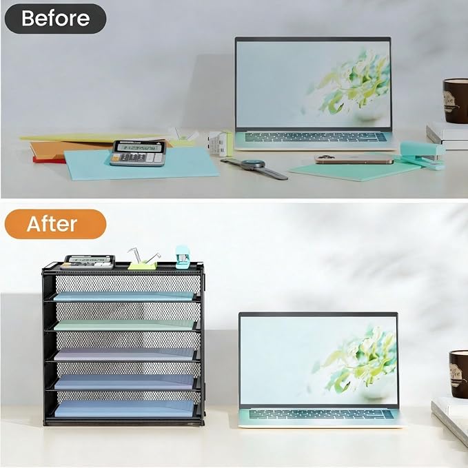 6 Trays Paper Organizer with Handle - Mesh Desk File/Letter Paper Sorter Organizer for Office, Home or School (Black with Closed top)