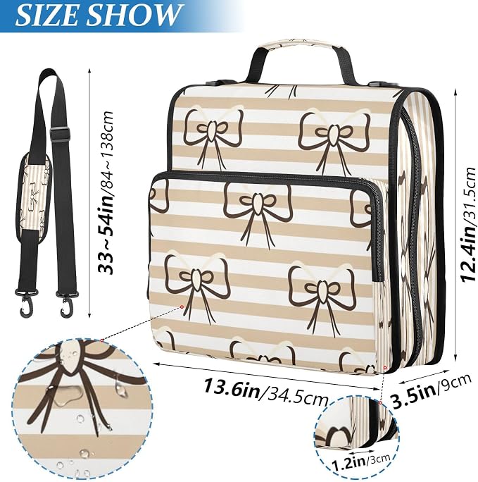 Zipper Binder 3 Ring, 1.5 Inch D-Ring Beige Stripes File Folder Organizer | Multi-pocket Storage; Expanding Pocket; Secure Travel Document Organizer; Ideal for Commuting, Travel, Office and School