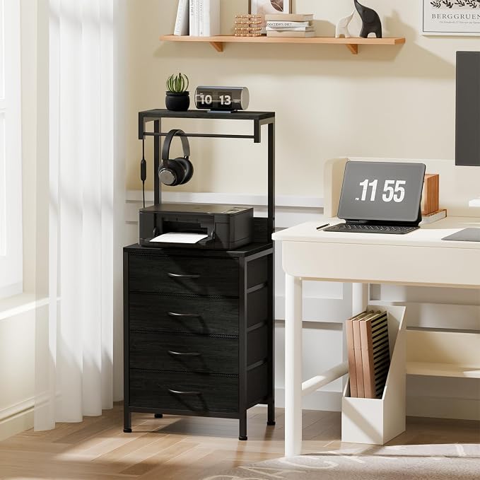Tall Nightstand with Charging Station, Bed Side Table & End Table | 4 Fabric Drawers and Storage Wood Shelves, Dorm Nightstand with LED Light, Black Night Stand for Bedroom, Dorm, Hallway