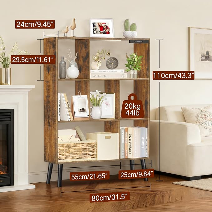 7-Cube Bookshelf with LED Lights, Touch & Remote Control, Freestanding Open Bookcase Storage Shelf, Dimmable Modern Wooden Display Organizer with Legs for Living Room, Bedroom (Rustic Brown)