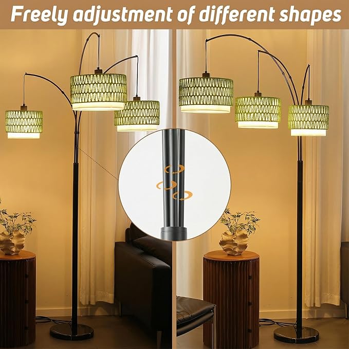 80'' Rattan Arc Floor Lamp for Living Room, 3-Light Boho Tree Tall Lamp | Heavy Natural Marble Base, 1/2/3-Light Rotary Switch,Double-layer Green Wicker/Fabric Shades for Coastal style,8 ft+ Ceilings