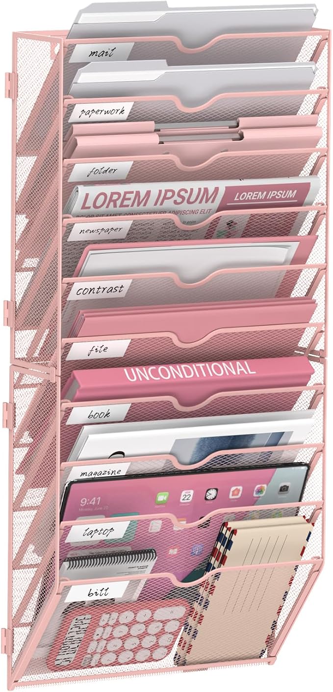 14-Tier Wall File Organizer and Hanging File Organizer, Pink | Wall Organizer and Wall Mounted File Holder with 14 Pockets and Label Panels for Files, Mail, Folders, Magazines and Paper