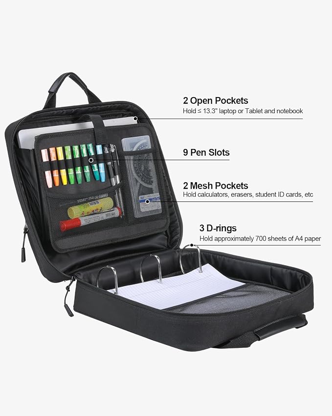 Zipper Binder 3 Inch 3 Ring with Shoulder Strap Multi-Pocket,Tough | Binder Bag with Laptop organizer for School Travel,Fit 13" MacBook & Tablet,700 Sheets Capacity,Water Resistant,Black