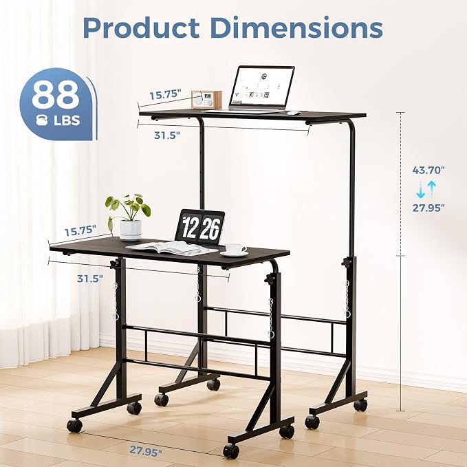 DUMOS 31.5" Walking Pad Desk, Laptop Desk, Home Office | Lockable Wheels, Adjustable Height, Portable Rolling Design, Treadmill Use, Stand Up Style, Black