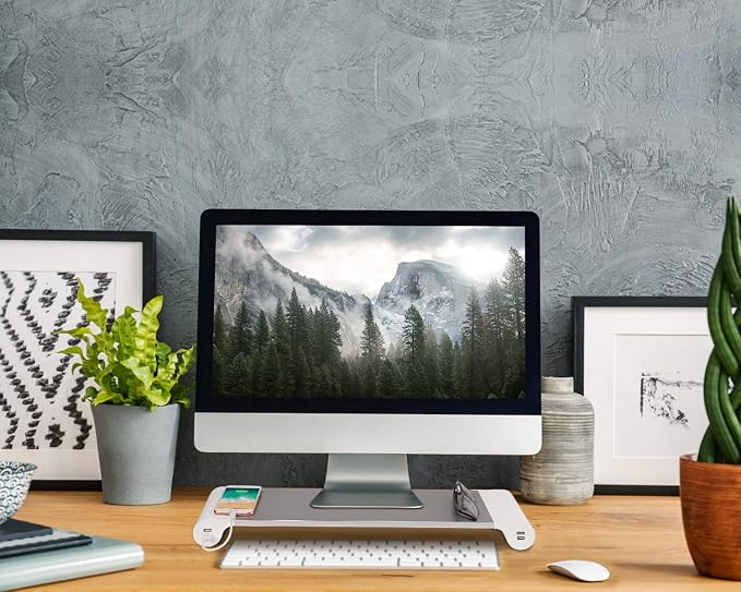 PG Silver Monitor Stand Riser with 4-Port USB Charging ports, Convenient keyboard organiser,Desktop Organizer for Computer, Laptop, TV, Printer - Ergonomic Keyboard Tray & Storage Shelf.