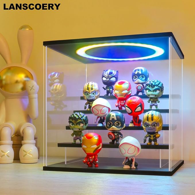 LANSCOERY Acrylic Display Case with RGBW Lights, 5 Tier Black | 11.8 x 11 x 11.8 in case displays small figures on desks or shelves with tiered rows and front access.