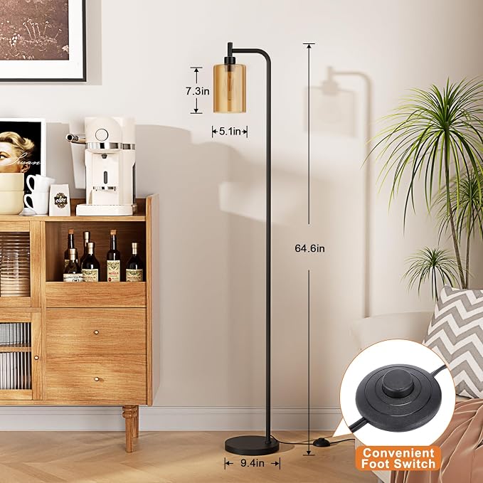 Ziisee Floor Lamps for Living Room - Standing Lamp with Amber Glass Shade, Modern Floor Lamp with LED Bulbs, Industrial Floor Lamp for Bedroom, Black Tall Lamp for Office(Light Bulb Included)
