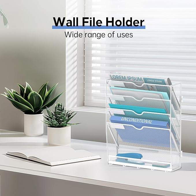 5-Tier Wall File Organizer and Mail Organizer with 5 Hooks, White | Label slots, curved openings, 5 key hooks, and a bottom tray support organized mail, file, and everyday item storage.
