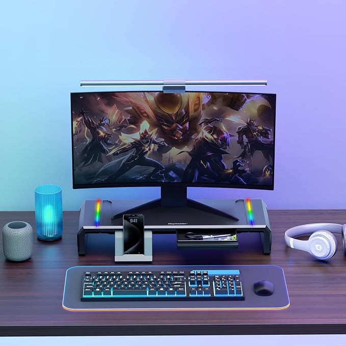 Heymaster Monitor Stand for Desk, Gaming Monitor Riser with RGB Light, Foldable Computer Monitor Stand Riser, Desk Organizers and Accessories for Desktop, Printer (Black)