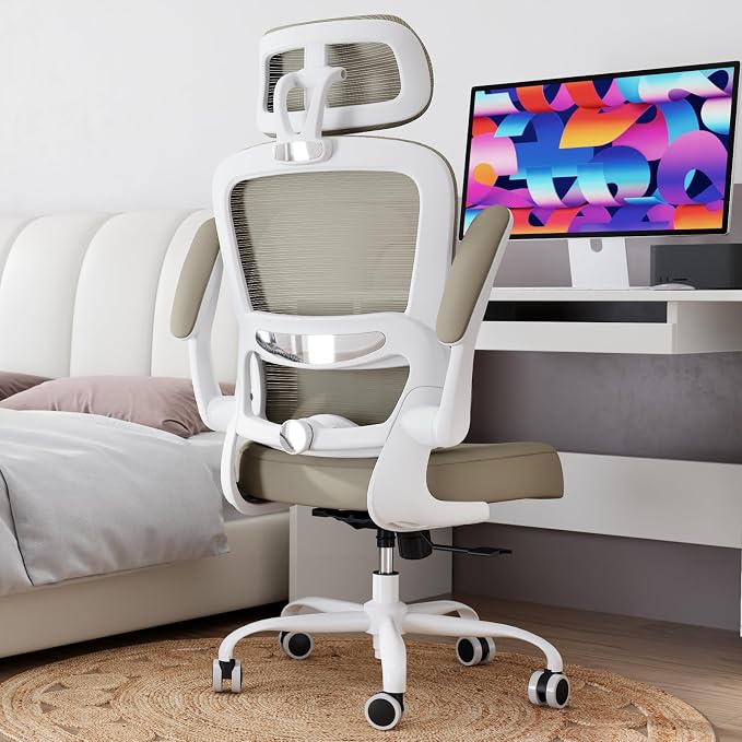 TRALT Office Chair Ergonomic Desk Chair - Gaming Chair with Lumbar Support | 330 LBS Home Office Desk Chairs with Headrest, Reading Chair with Flip-up Armrests, Comfortable Computer Chairs (1, Khaki)