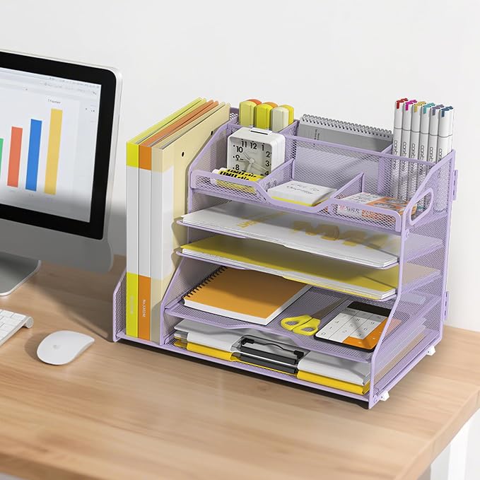 YINGHUA 5-Tier Mesh Desk Organizer and File Holder, Letter Tray - Purple | Sturdy steel mesh with 3 sliding trays, 2 handles, 6 adjustable top sections. U-shaped design for easy access to office files