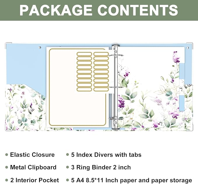 Rouidr 3 Ring Binder, 2 Inch Round Ring Binder Organizer with Clipboard, 5 Dividers Tabs, A4 8.5 x 11 Inch Paper & Clear Sleeves for School, Office Supplies, Wisteria