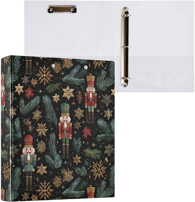 Gold Snowflake Xmas Nutcracker Binder 3 Ring 1.5 Inch Binder with Clipboard&Pockets, Hardcover Binders Heavy Duty Large File Folder for Office School Supplies - Holds 200 Sheets