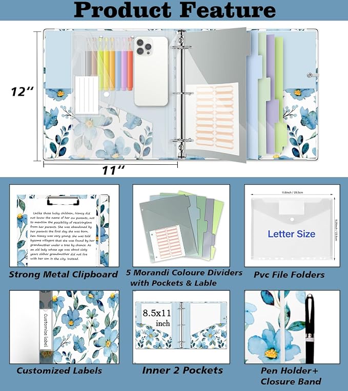 2 Inch 3 Ring Binder Organizer, Three Ring Binders with Clipboard, 5-Tabs Pockets Dividers, Plastic Folder, 18 Divider Stikers, KLLVE Decorative Binder with Pen Loop (Blue Flora, Letter Size)