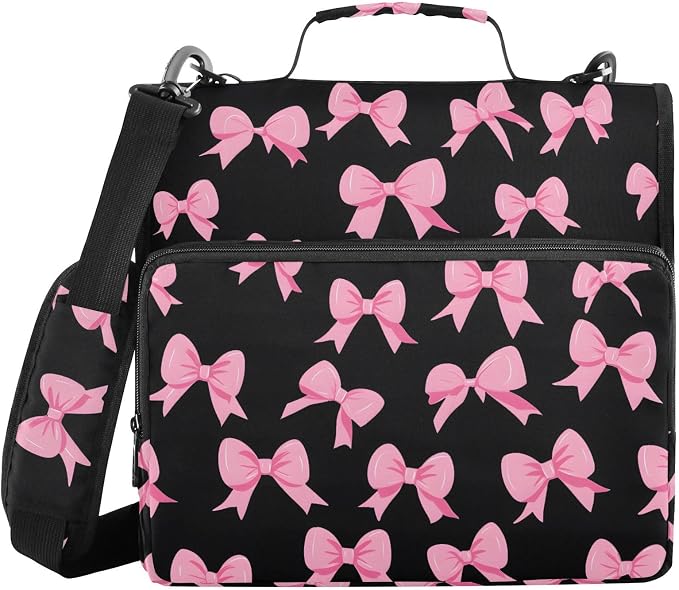 Pink Bow Black Background 3 Ring Binder Bag 1.5 inch Binder Organizer with Zipper Shoulder Strap 500 Sheet Documents Storage for School Office