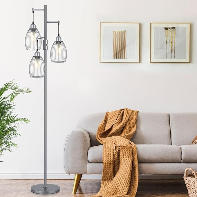 Torondo Dimmable Industrial Floor Lamps for Living Room, Gray Tree Standing Tall Lamps with 3 Elegant Teardrop Cage Head & 800 Lumens LED Bulbs for Bedroom Office