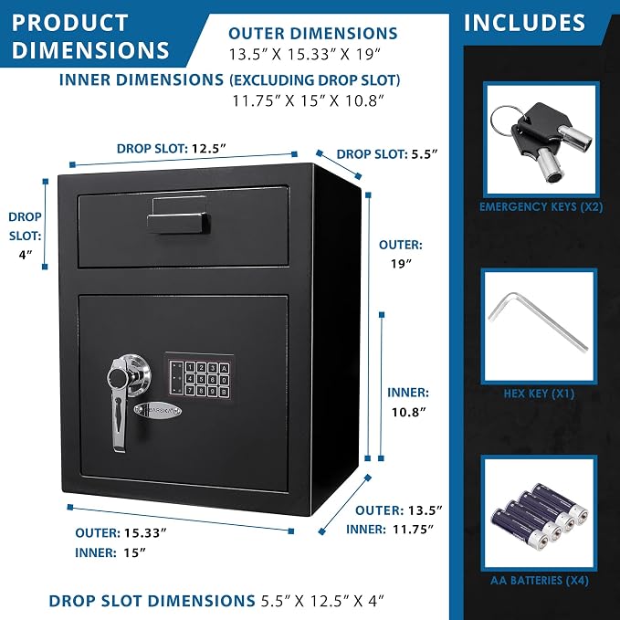 Barska Digital Depository Safe with Drop Slot – Solid Steel Lock Box for Cash, Mail & Valuables, Dual PIN Code Access, Anti-Pry Door, 2 Steel Bolts, Mounting Hardware – for Home & Office Security | Digital keypad depository safe with 5mm steel door and...