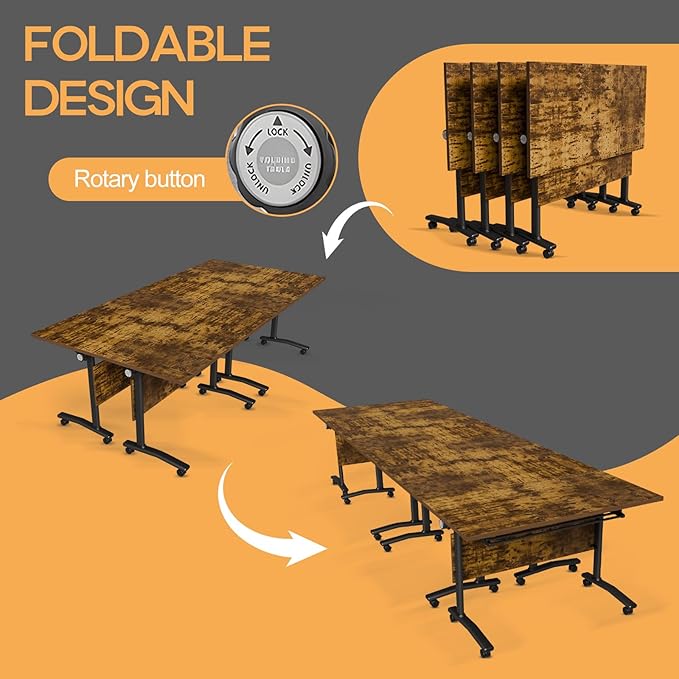 Folding Conference Table 4ft 5ft, Foldable Office Meeting Desk for 6 People, Multiple Sizes Colors Mobile Conference Room Table for Training Room School Business Furniture (2, Brown, 63in)