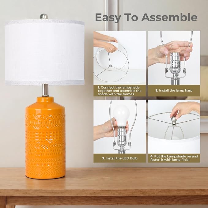 JUNNAI 25" Modern Orange Ceramic Table Lamp for Living Room Nightstand 3-Way Dimmable Farmhouse Lamp for Bedroom Bedside Entryway Tabletop Office with White Slub Fabric Lampshade (Bulb Included)