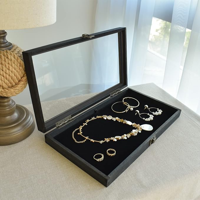 MOOCA 2 Pcs Wooden Jewelry Display Case, Pocket Knife Display Case with Tempered Glass Top Lid and Removable Black Luxurious MDF Velvet Jewelry Pad, Black Color