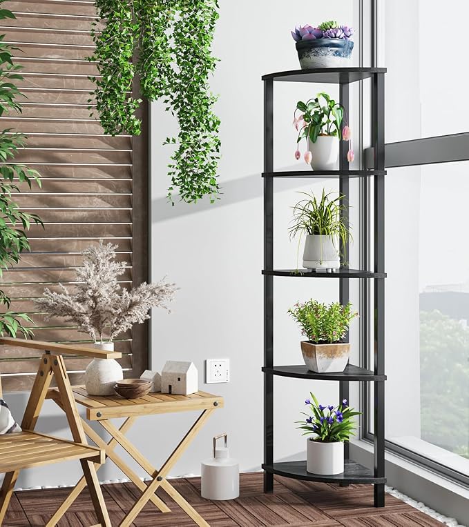 VIMBER Corner Shelf, 5-Tier Corner Bookshelf, Industrial Corner Ladder Shelf, Modern Display Shelf for Living Room, Bedroom, Kitchen, Home Office, Black UJSJ001B