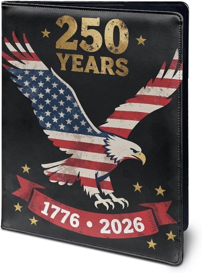 Dreaweet 250 Years Eagle Flag Portfolio Folder for Documents 250th Anniversary Leather Padfolio Binder Organizer Letter Size Notepad Business Card Holder for Women Men