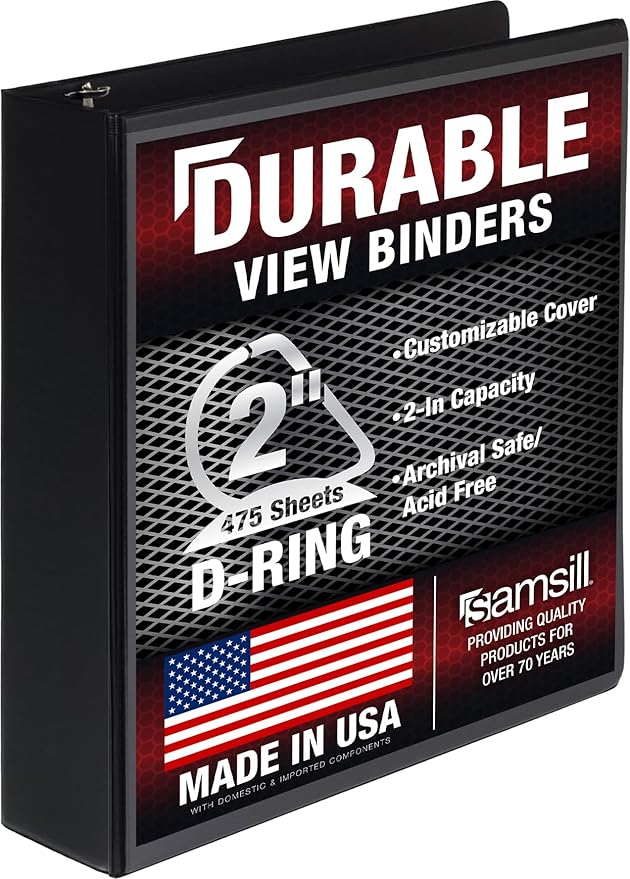 Samsill Durable 2 inch 3 Ring Binder, D Ring Binder, 100% Recycled Chipboard, Black