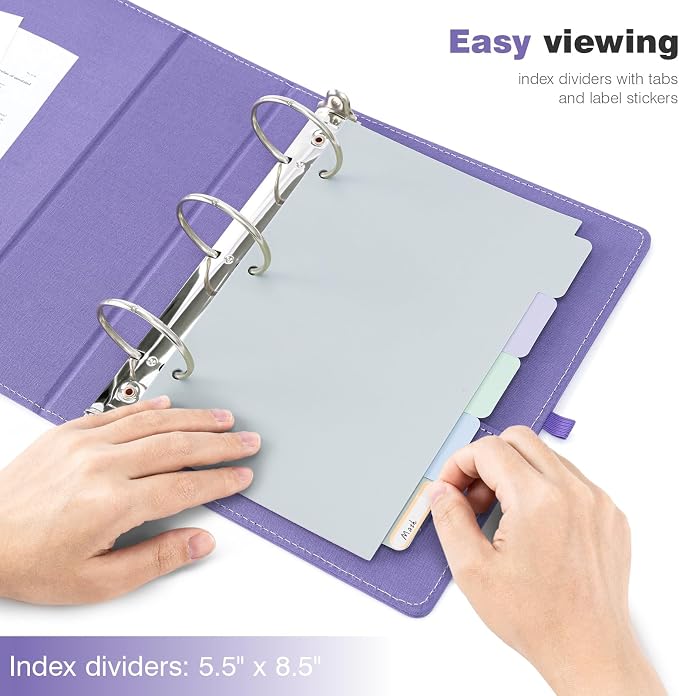Ospelelf Mini 3 Ring Binder 2 inch Round Ring, 5.5 x 8.5 Purple Clipboard Binders Dividers with Tabs, Linen Binder Organizer for Office, Purple