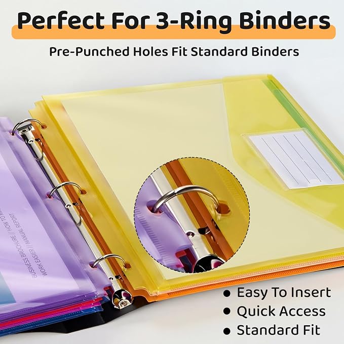 Binditek 36 Pack Expandable Binder Pocket Folders, 100-Sheet High Capacity | 3-Hole Binder Pockets, Hook and Loop Closure, 9 Assorted Colors, Label Pocket, 3 Ring Binder Organizer