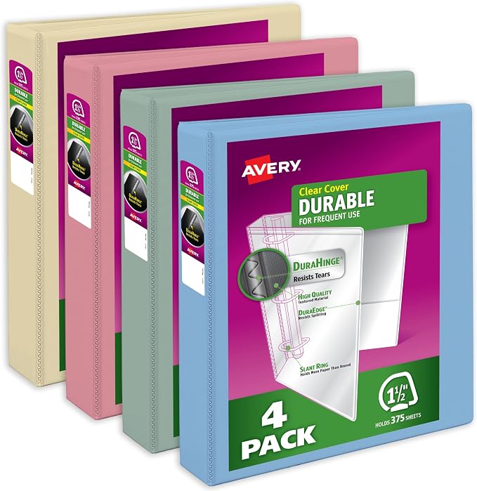 Avery Durable View 3 Ring Binders, 1.5 Inch Slant Rings, 375-Sheet Capacity, Assorted Pastel Colors, 4-Pack (05634) – for School, Office, Teachers, Classrooms & Home Organization