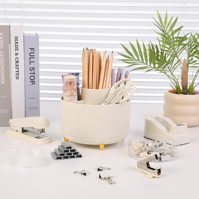 SKYDUE Desk Organizer Set with 360° Rotating Pen Holder | Includes Stapler, Scissors, Tape Dispenser, Clips, Pins & Accessories, For Home Office, School, Teacher