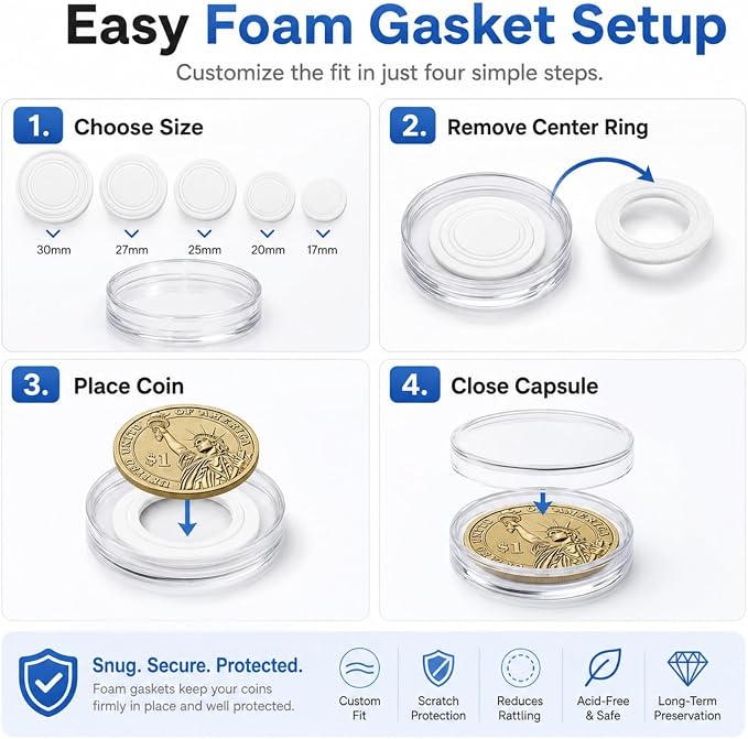 APACALI 500 PCS Coin Capsules Holders for Collectors, 30mm Clear Plastic Coin Holders with Foam Gaskets, 5 Storage Organizer Boxes, Coin Collection Supplies for 17/20/25/27/30mm Coins