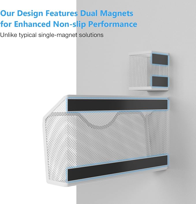 JANE EYRE Magnetic File Holder - 2pcs Hanging File Organizer Magazine Document Paper Holders with 2pcs Pen Holders for Classroom Cabinets Office,No Drilling(WHITE)