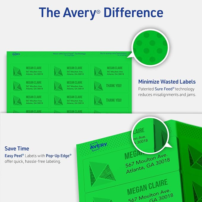 Avery Printable Shipping Labels with Sure Feed, 2" x 4", Neon Green, Laser & Inkjet Compatible, 1,000 Blank Labels Total, Great for Branding, Mailing, Organizing, and More (5976)