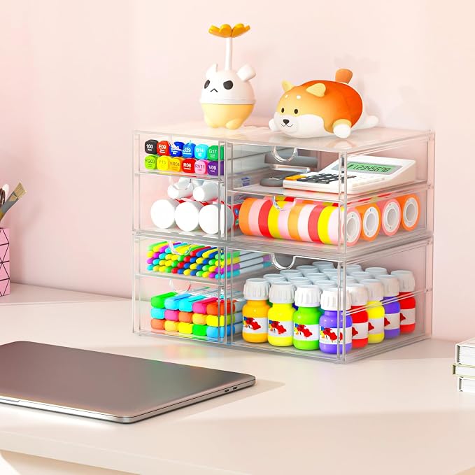 4-Pack 4-Drawer Acrylic Storage Organizer for Desk, Crafts,Vanity | Smooth-glide drawers, clear body, dustproof, wipe clean, for paintbrushes, beads, sequins, googly eyes, embroidery floss