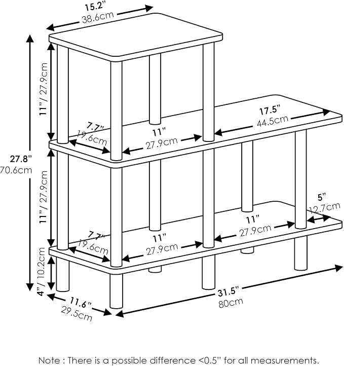 Furinno Turn-N-Tube Storage Shelves, 3-Tier Ladder Book Shelf, Accent Display Shelf, Toolless Open Shelves, Round Tubes, for Organization and Storage, Living Room, Garage, Home Office, Grey Oak