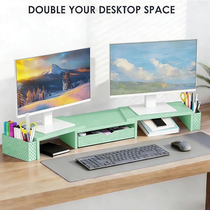 Spacrea Metal Desk Organizers and Accessories, Dual Monitor Stand Riser with Drawer and 2 Pen Holders, Book Racks, Desk Accessories & Workspace Desktop Organizers for Office Supplies (Sage Green)