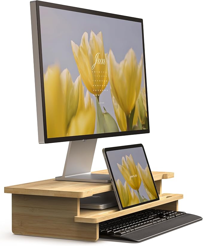 23” Bamboo Monitor Stand with Phone & Tablet Holder Desk Shelf | Monitor Riser for 40-55 Inch Desk Cozy Computer Setup Workplace Organizer Keyboard Storage Compact Ergonomic
