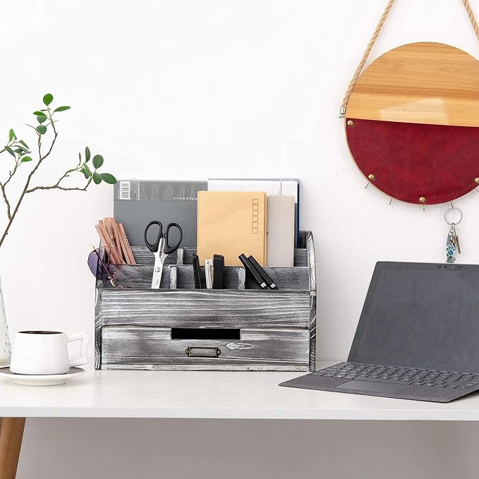 Rustic Wooden Office Desk Organizer 5 Compartment with 2 Drawer &Counter Home Tabletop Desktop Jewelry Mail Rack Storage Box for Pens Notebooks Folders Pencils (Grey white)