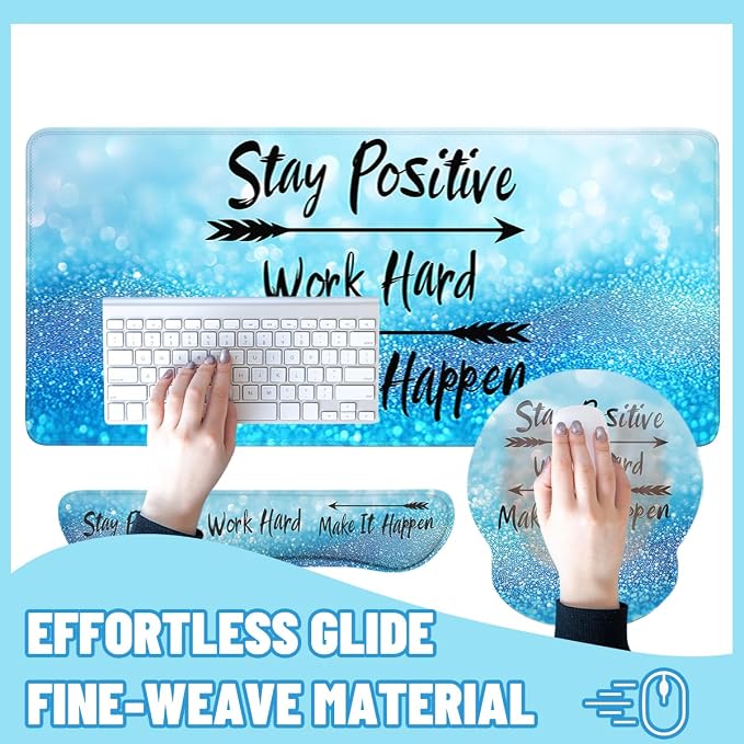 Motivational Quote Mouse Pad Set Stay Positive Work Hard Blue Gaming Mousepad 4in1 Desk Mat for Desktop Anti-Slip XXL Big Computer Ergonomic Mousepad with Wrist Support for Keyboard and Mouse