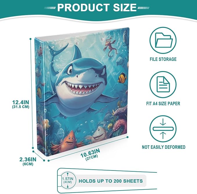 3 Ring Binders 1.5 Inch Clear View Three Ring Binders Versatile Cartoon Shark in Ocean Binder for Work School Office Supply 2 Packs