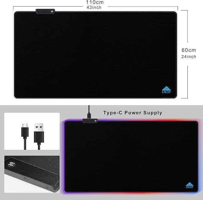 Cacoy 43"x24" RGB Large Gaming Mouse Pad, LED Extended Desk Mousepad, Black | XXL RGB Keyboard Mouse Mat with 9 Light Modes Optimized Special-Textured Surface & Non-Slip Rubber Base for Speed and Control