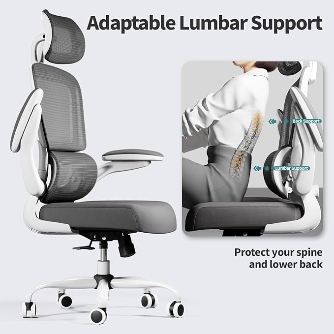 TRALT Office Chair Ergonomic Desk Chair - Gaming Chair with Lumbar Support | 330 LBS Home Office Desk Chairs with Headrest, Reading Chair with Flip-up Armrests, Comfortable Computer Chairs (1, White)
