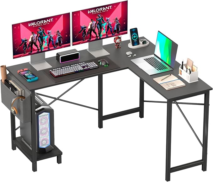 FDW 50 Inch L-Shaped Desk,Gaming Desk Computer Desk with Side Storage Bag & CPU Stand,Corner Desk for Home Office,Bedroom,Writing & Gaming,Black