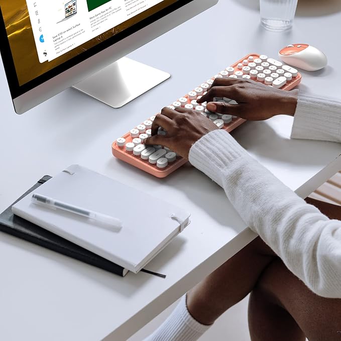 MOFII Wireless Keyboard and Mouse Combo, Computer Full Size 2.4G Plug and Play Wireless Typewriter Retro Round Keyboard and Mouse Set for Windows, Computer, Desktop, PC, Notebook - (Light Orange)