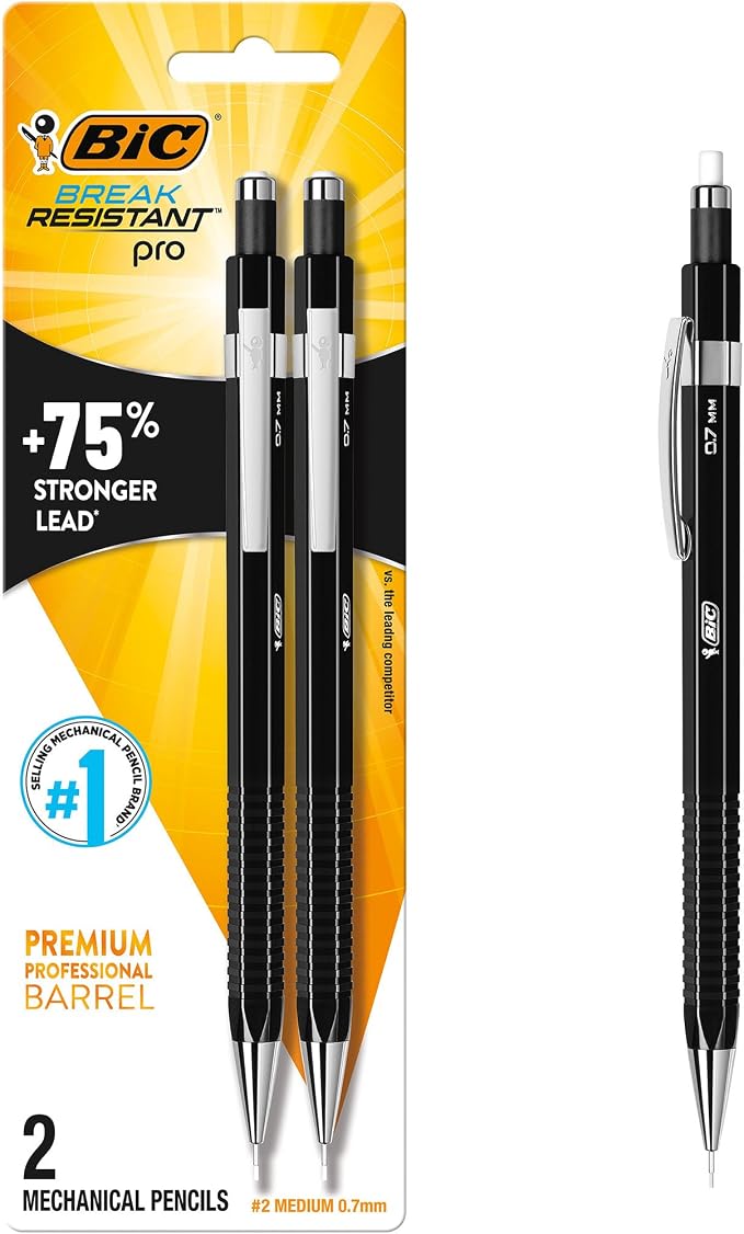 BIC Break Resistant Pro Mechanical Pencil, 2-Count, 0.7mm, Twist-Up Eraser | Shock-Absorption Design, Durable, Break Resistant Construction, Ideal for Precision Writing and Drawing