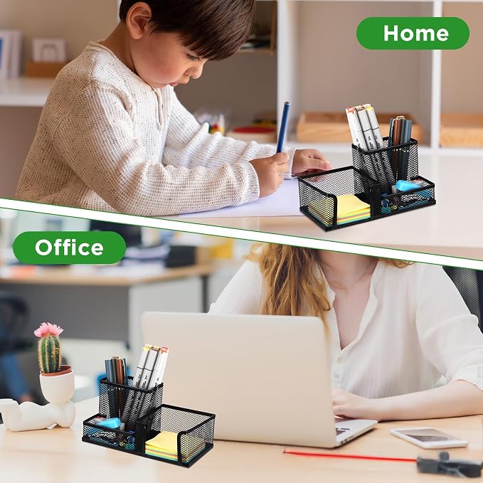 Lemecima 6 Pieces Pen Holder for Desk Mesh Metal Pencil Holders Pen Cup Marker Desk Caddy with Sticky Notes Organizer for Office Supplies Workspace School Home Black