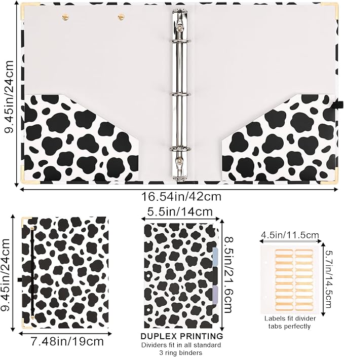 EYROZILL Mini 3 Ring Binder 1 Inch for 5.5" x 8.5" Paper with 5-Tab Dividers EYROZILL Cute Binders for School/Office Supplies and Home, Cow Print