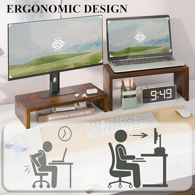 TEAMIX 2-Pack Monitor & Laptop Stand Riser, Wood High-Low Dual Monitor Set | Stacked/Separate Use, Adjustable Computer Stand for 2 Monitors, Holds 80Lbs, Rustic Desk Organizer for Home Office, Gaming