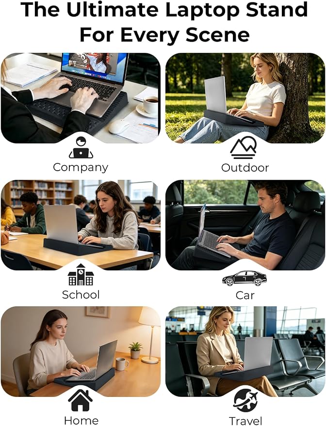 Adjustable Lap Desk with Wrist Rest, Reversible Laptop Stand | Cooling Grip Surface, Fits up to 17'' Laptop, Portable Lap Desk with Pillow Cushion, Computer Tray for Home Office, Dark Gray